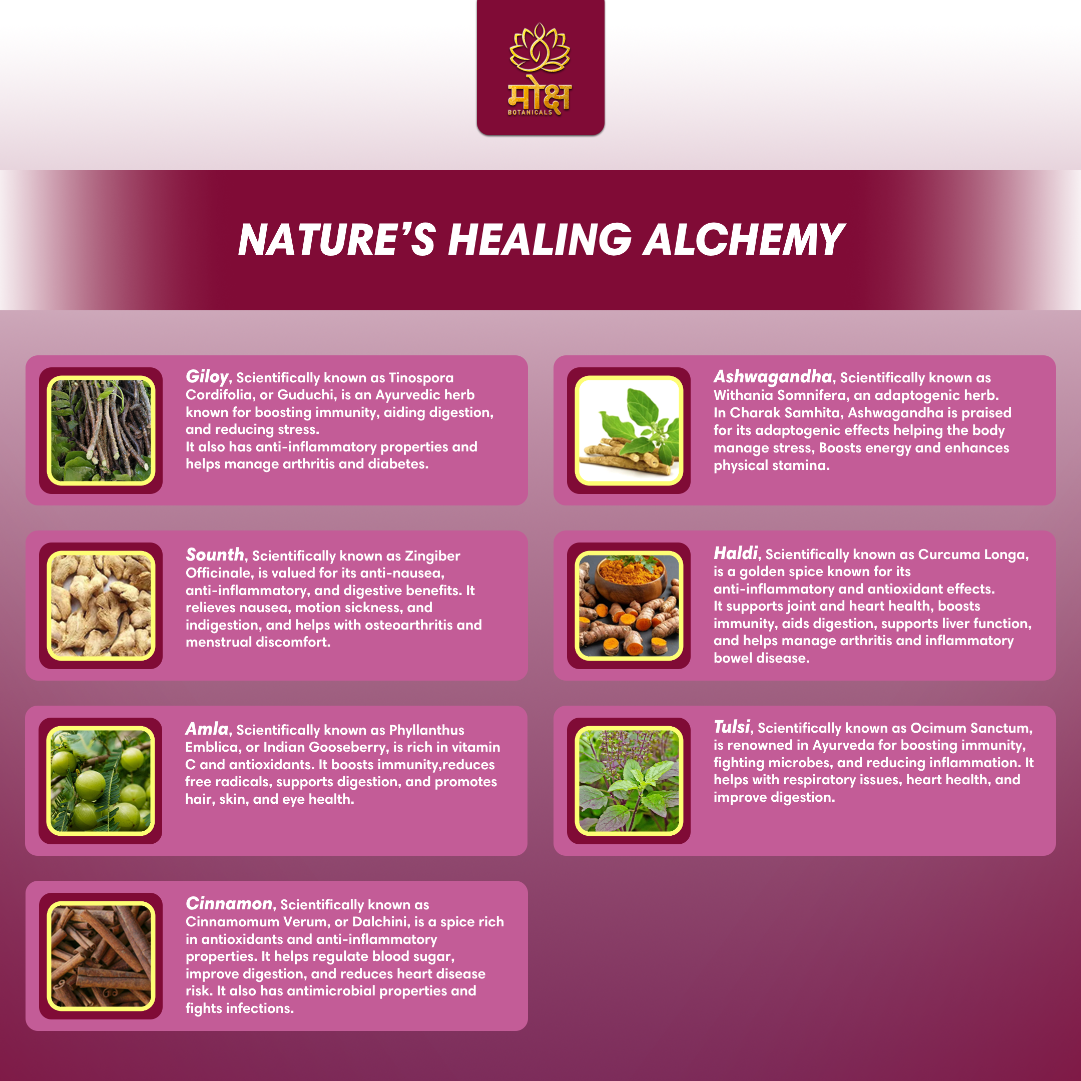 Giloy, Ashwagandha, Sounth, haldi,, amla, tulsi cinnamon, ingredients niramaya benifits