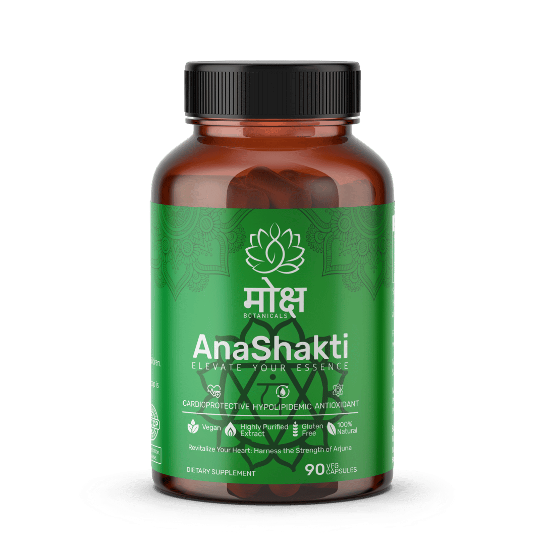 Moksha Botanicals Anashakti product jar and benefits infographic, showcasing Heart(Anahata) chakra support, including helping with Cardiovascular health , heart health and cholesterol management, 