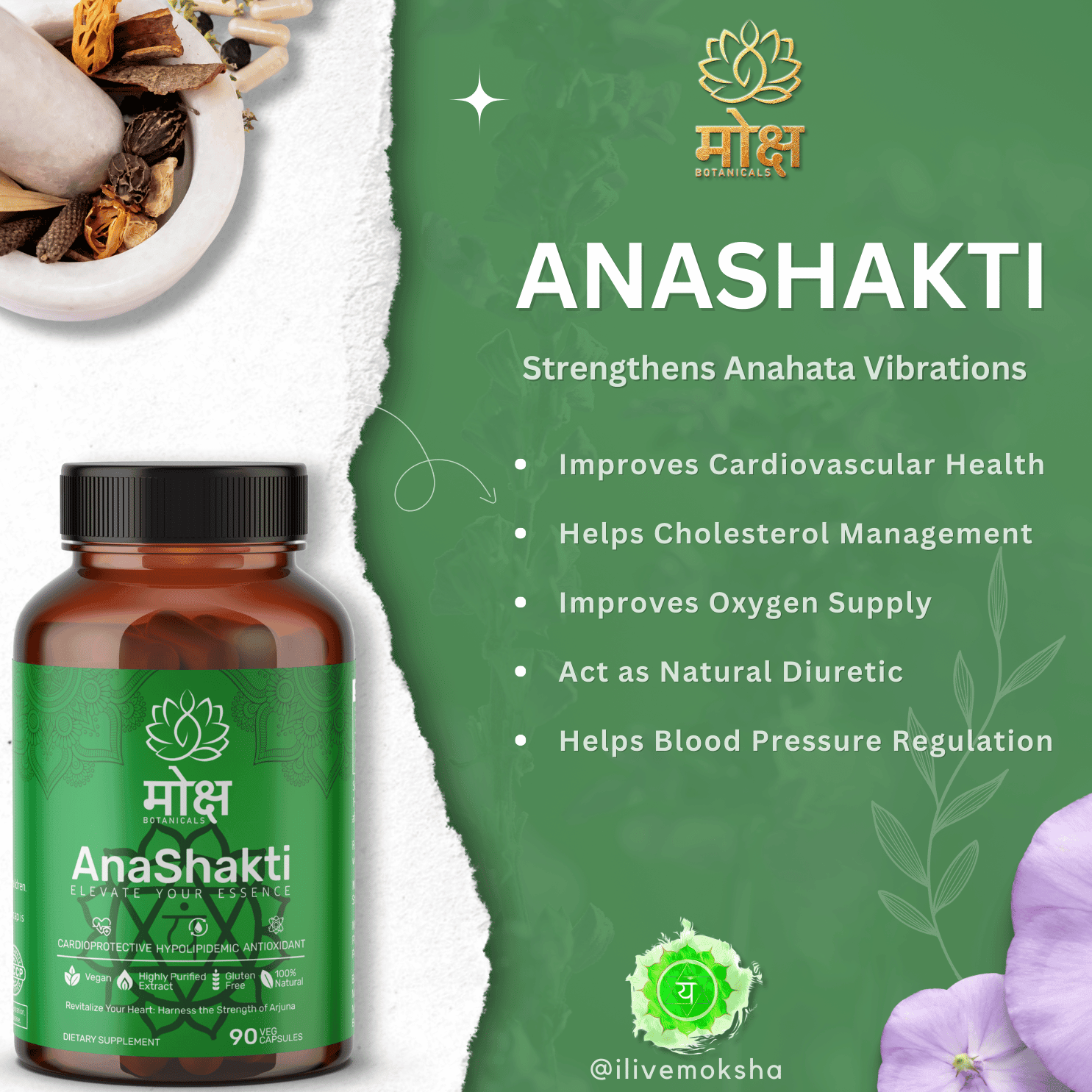 Moksha Botanicals Anashakti product jar and benefits infographic, showcasing Heart(Anahata) chakra support, including helping with Cardiovascular health , heart health and cholesterol management, 