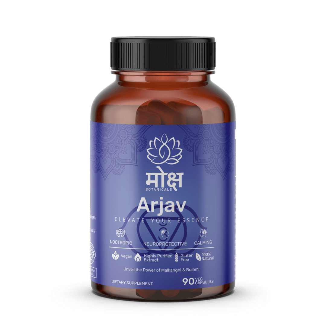 Moksha Botanicals Arjav product jar and benefits infographic, showcasing Third Eye (Ajna) chakra support, Neurological functions support, stress management support and Cognitive ability support