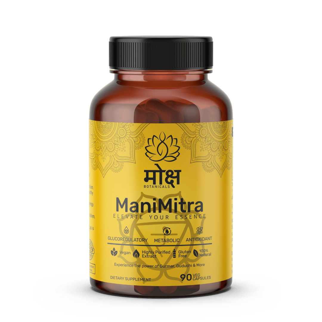 Moksha Botanicals Manimitraproduct jar and benefits infographic, showcasing Solar Plexus chakra (manipur) support, Blood sugar metabolism improvement, improved insulin sensitivity,liver health,and immune support 