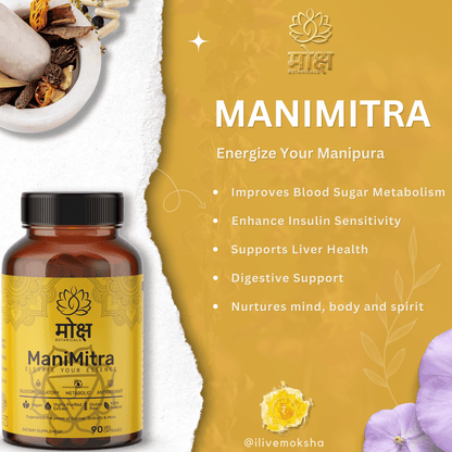 Moksha Botanicals Manimitraproduct jar and benefits infographic, showcasing Solar Plexus chakra (manipur) support, Blood sugar metabolism improvement, improved insulin sensitivity,liver health,and immune support 