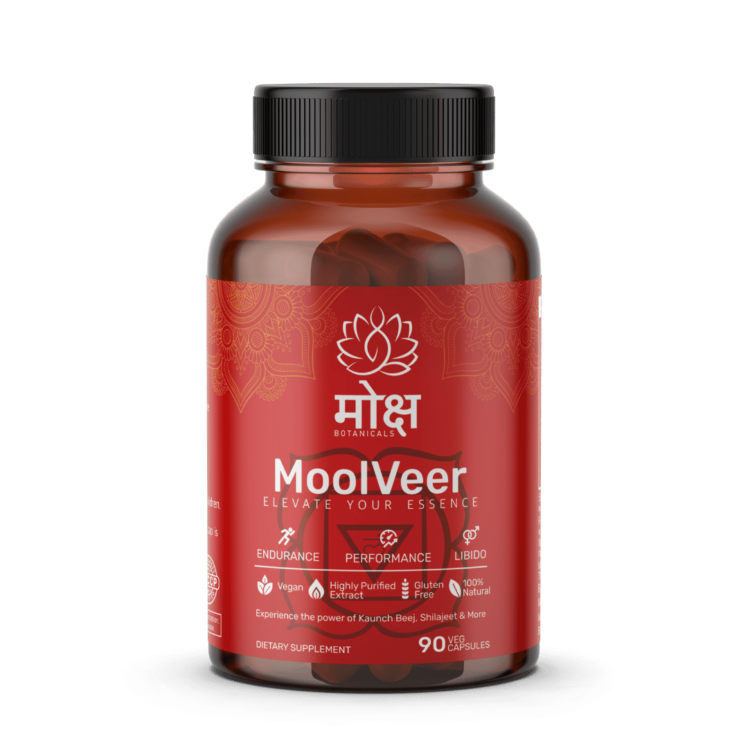 Moksha Botanicals Moolveer product jar and benefits infographic, showcasing Root chakra (mooladhar) support, helps energy, libido, stamina, endurance support