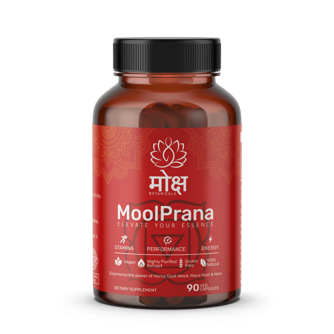 Moksha Botanicals Moolprana product jar and benefits infographic, showcasing Root chakra support, energy improvement, reproductive health support, stamina and endurance.