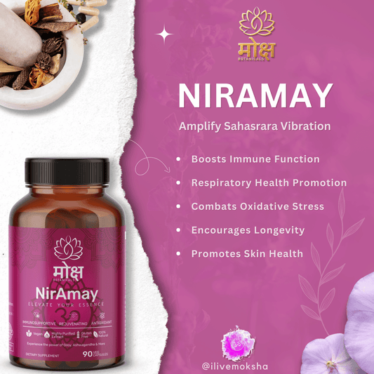 Moksha Botanicals Niramay product jar and benefits infographic, showcasing Crown chakra (Sahasrara) support, energy improvement and immune support, respiratory health.