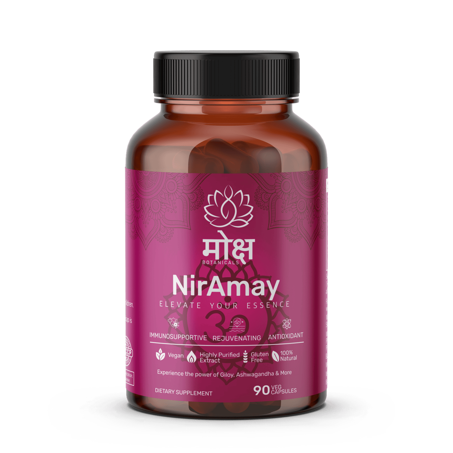 Moksha Botanicals Niramay product jar and benefits infographic, showcasing Crown chakra (Sahasrara) support, energy improvement and immune support, respiratory health.